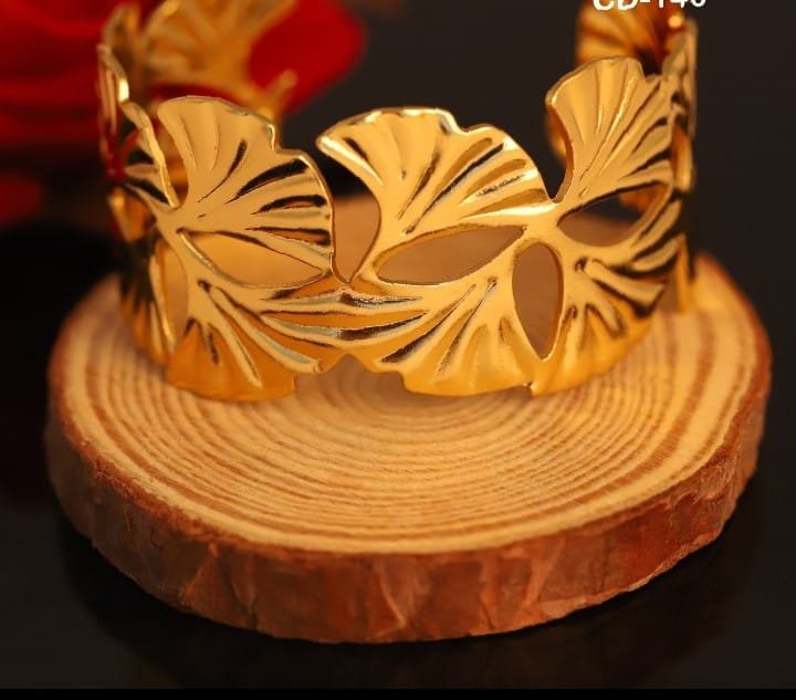 Wide Gold-Tone Ginkgo Leaf Cut-Out Cuff Bangle